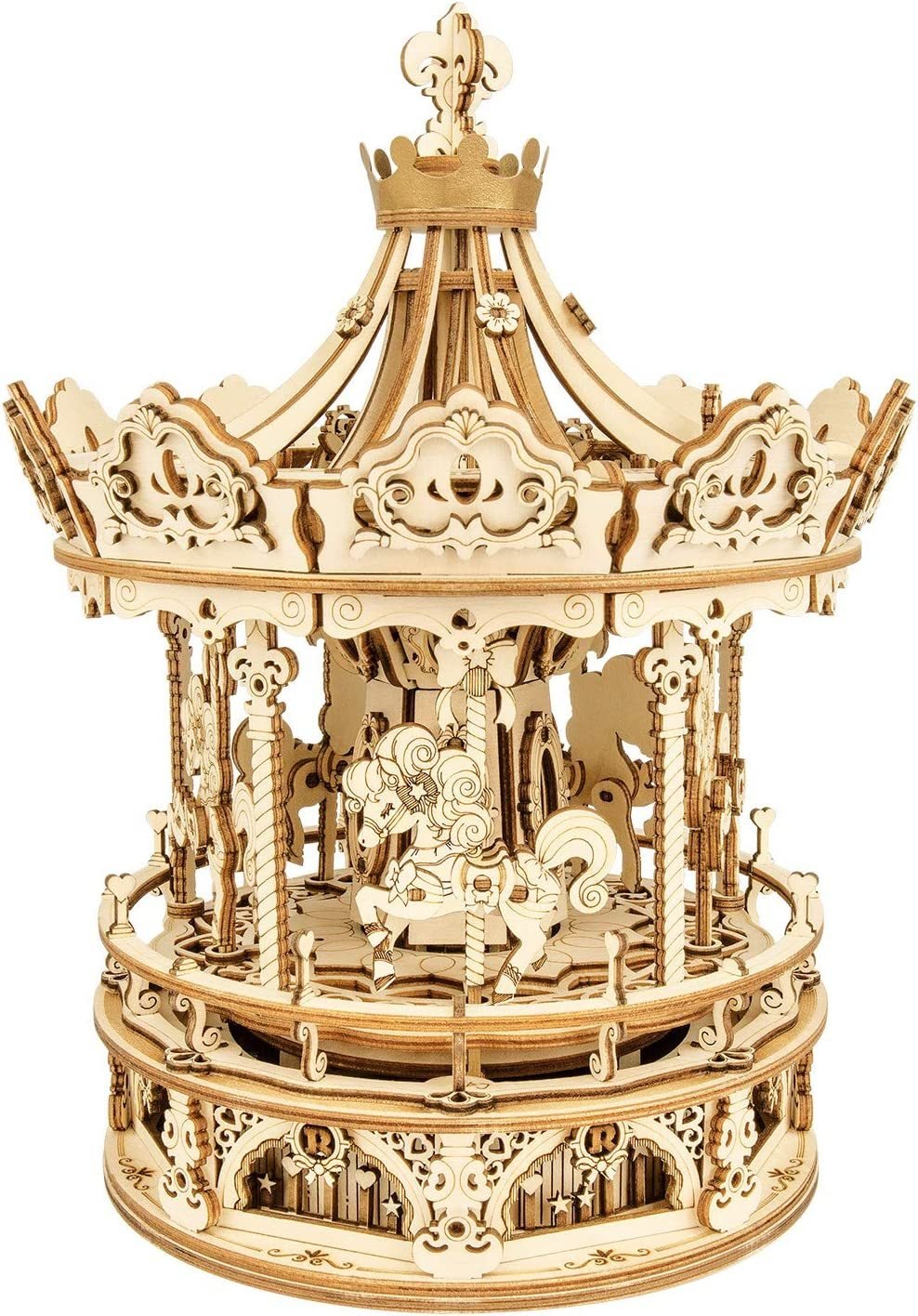 Robotime ROKR Romantic Carousel 3D Wooden Puzzle – DIY Rotating Music Box Model Kit (336 Pieces) - Image 4