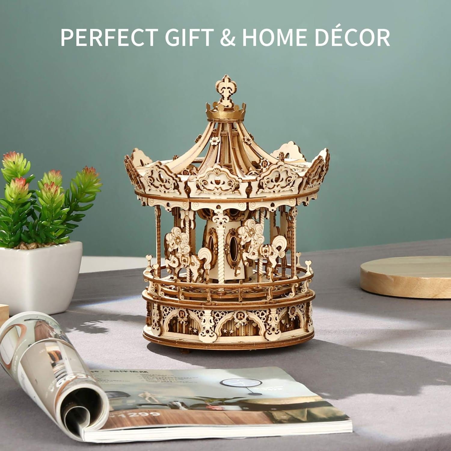 Robotime ROKR Romantic Carousel 3D Wooden Puzzle – DIY Rotating Music Box Model Kit (336 Pieces) - Image 10