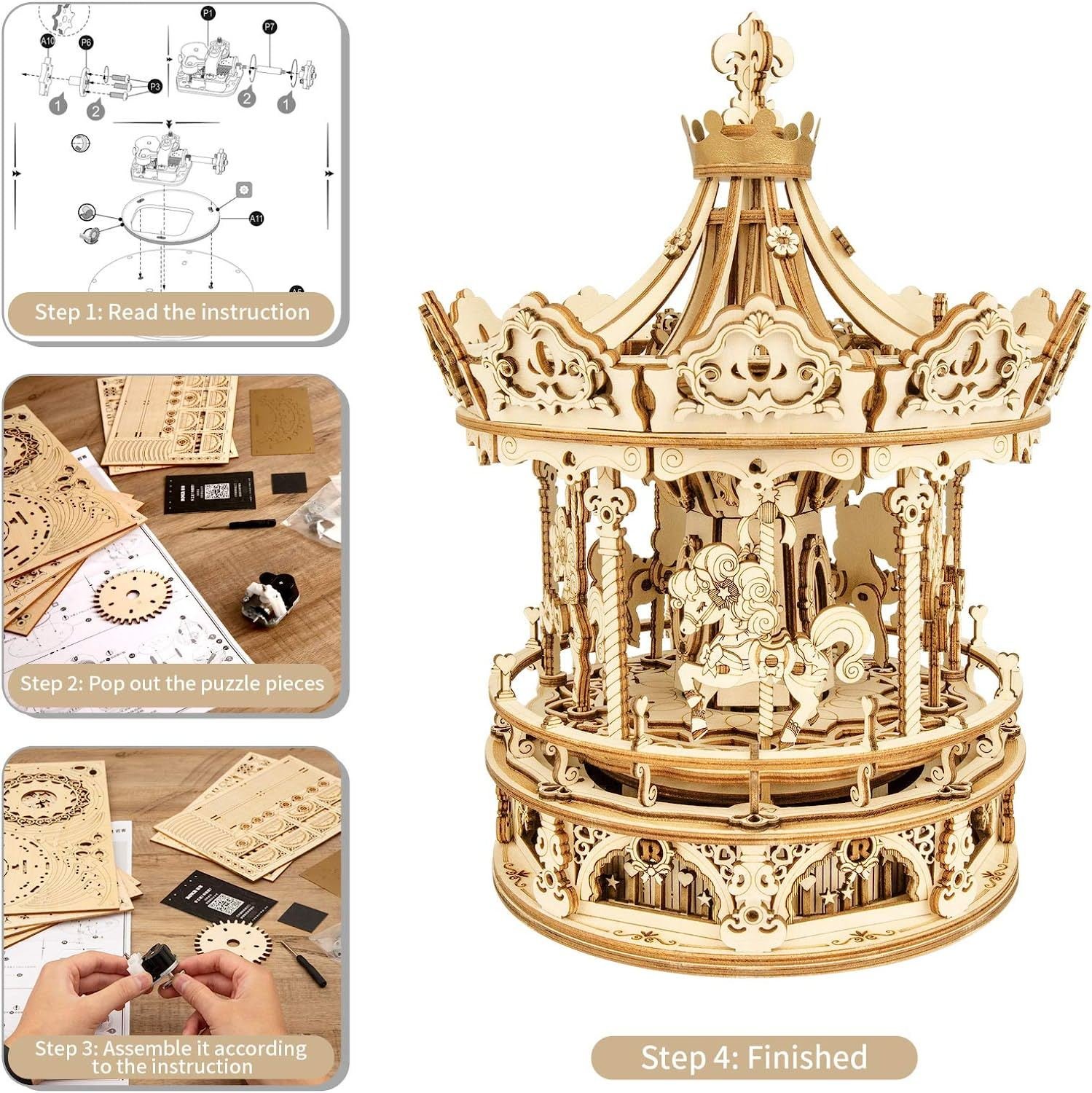 Robotime ROKR Romantic Carousel 3D Wooden Puzzle – DIY Rotating Music Box Model Kit (336 Pieces) - Image 9